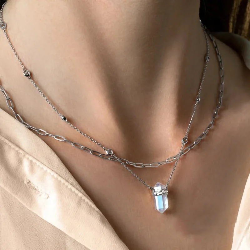 

Fine Jewelry S925 Sterling Silver Hexagon Pillar Moonstone Charm Necklace Women's Fashion Versatile Luxury Exquisite Jewelry