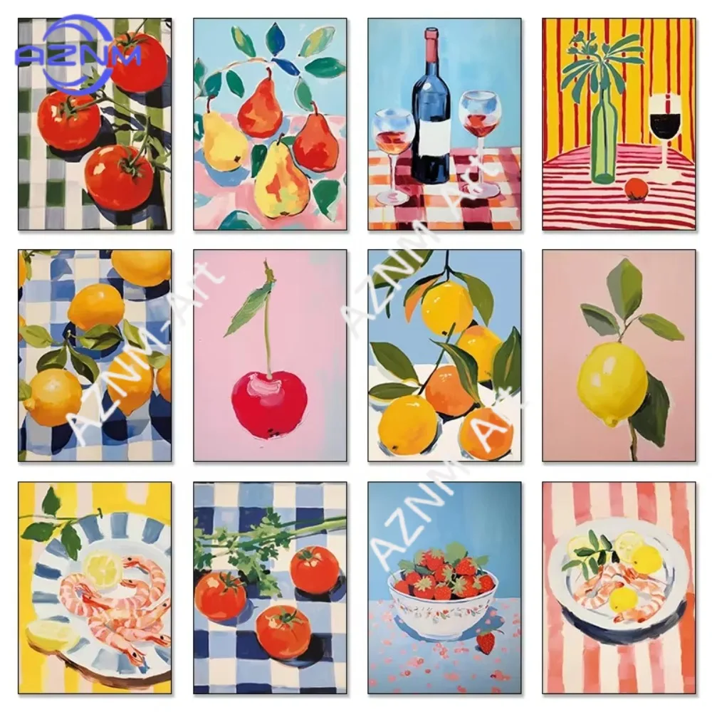 1 Stück Obstmarkt-Poster: Blaubeere, Kirsche, Trauben, Zitrone, Papaya, Birne, Pfirsich - Leinwanddruck Wandkunst für Raumdekoration