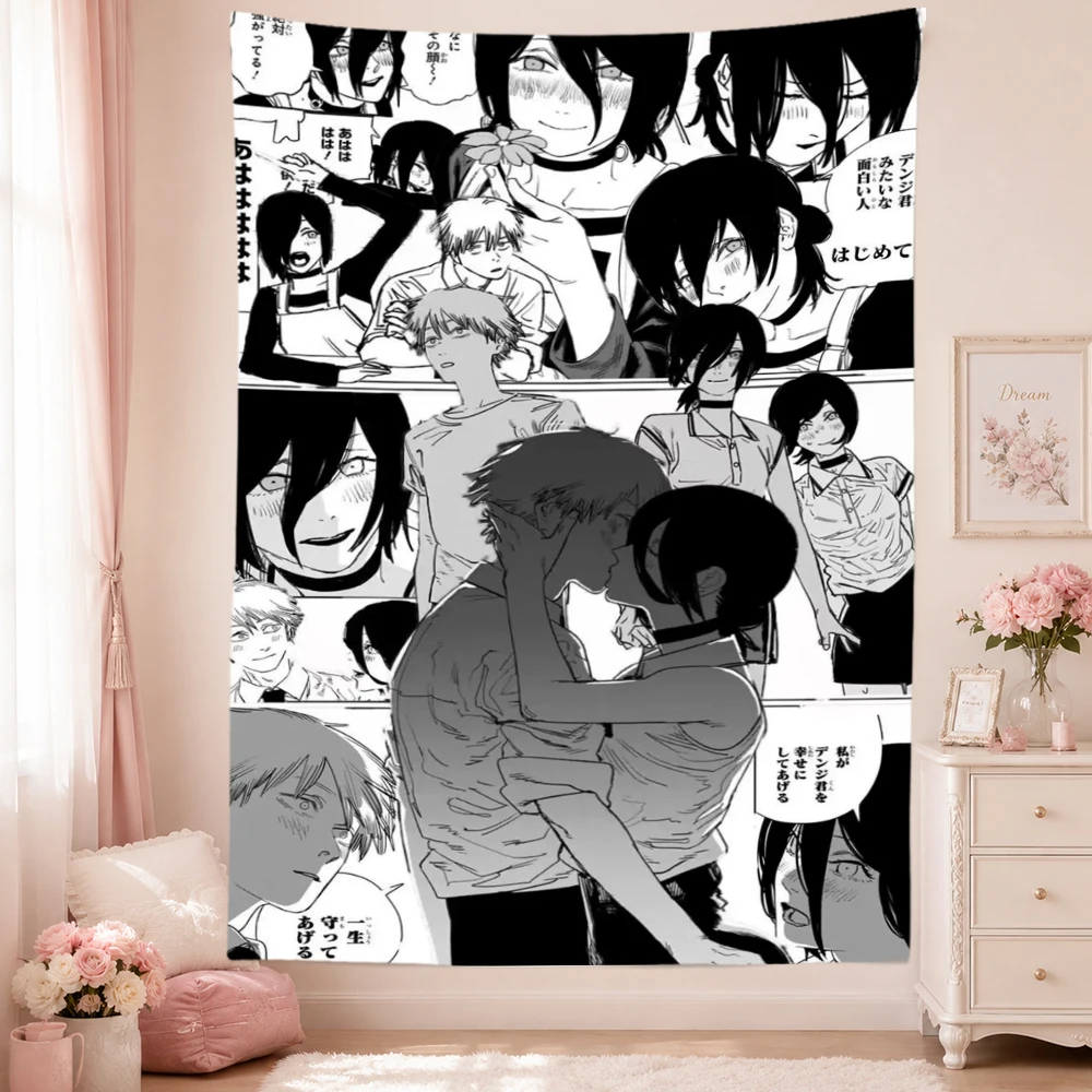 Black White Anime Manga Tapestry Wall Hanging Home Decor Background Cloth Gift for Teens Bedroom Dorm