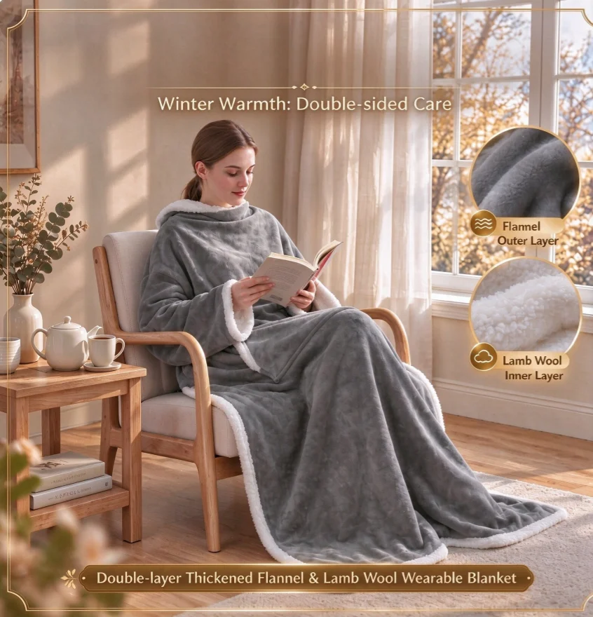 Reversible Flannel TV Blanket Soft Warm Cozy Home Multifunctional Wearable Blanket with Pocket Winter Warm Shawl for Bed Sofa