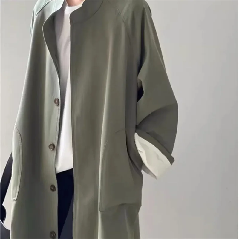 

Весенне-осенний Тренч средней длины с воротником-стойкой, женское свободное повседневное утягивающее пальто, однобортные куртки с откидным воротником