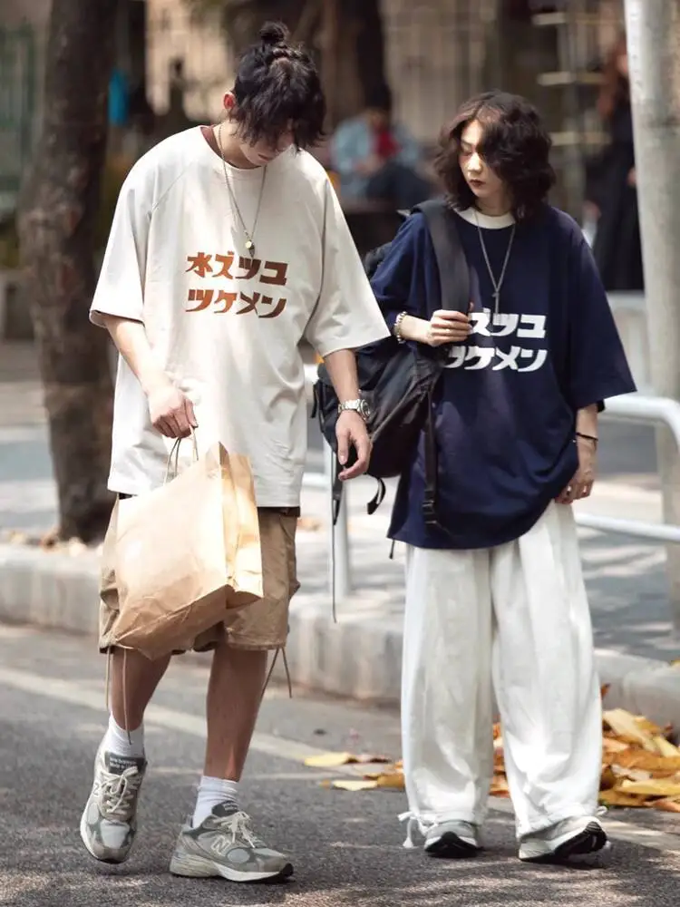 

Trendy Brand Men's Raglan Sleeve Short Sleeve Simple Loose T shirt with Japanese Print Harajuku Style Casual Top