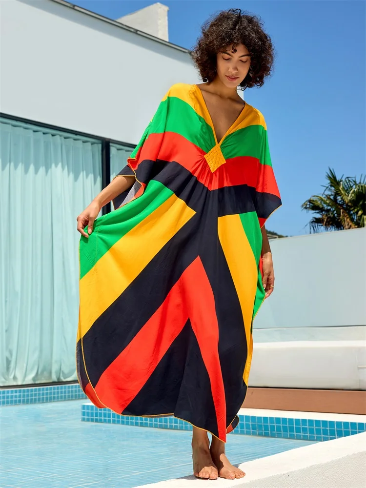 2024 Summer Colorful Patching Sexy V Neck Batwing Sleeve Loose Maxi Dress Women Clothing Bohemian Vacation Beach Cover-ups Q1618