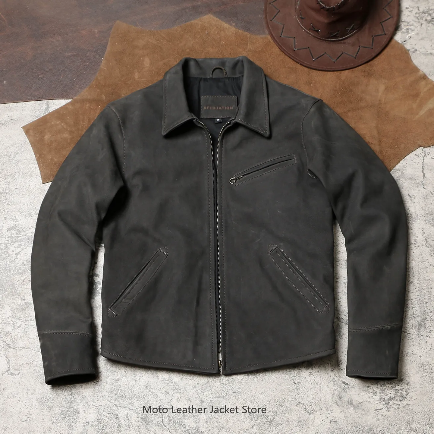

1930s Vintage Distressed Genuine Leather Jacket, Lapel Slim Fit Uncoated Brushed Goatskin Casual Outerwear for Men