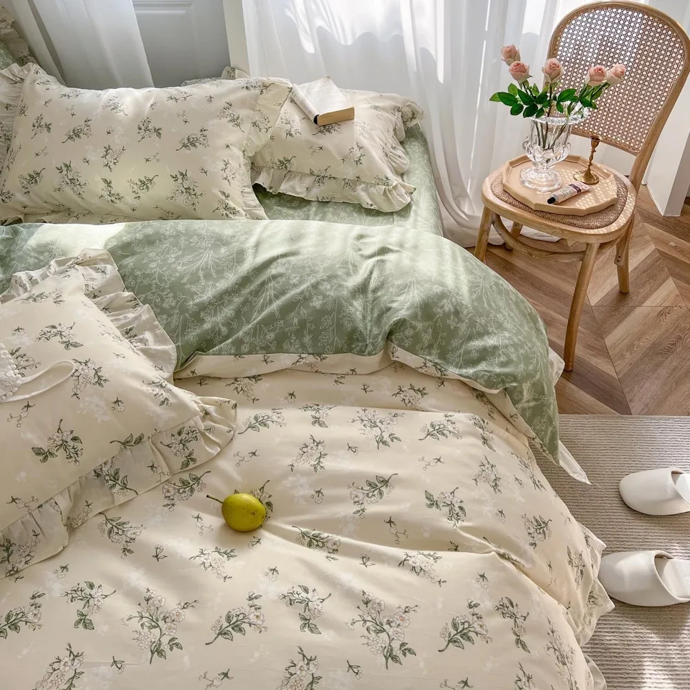 

Queen Size Reversible Green Floral Cotton Duvet Cover Set with Ruffle Lace - 3-Piece Beige Botanical Bedding