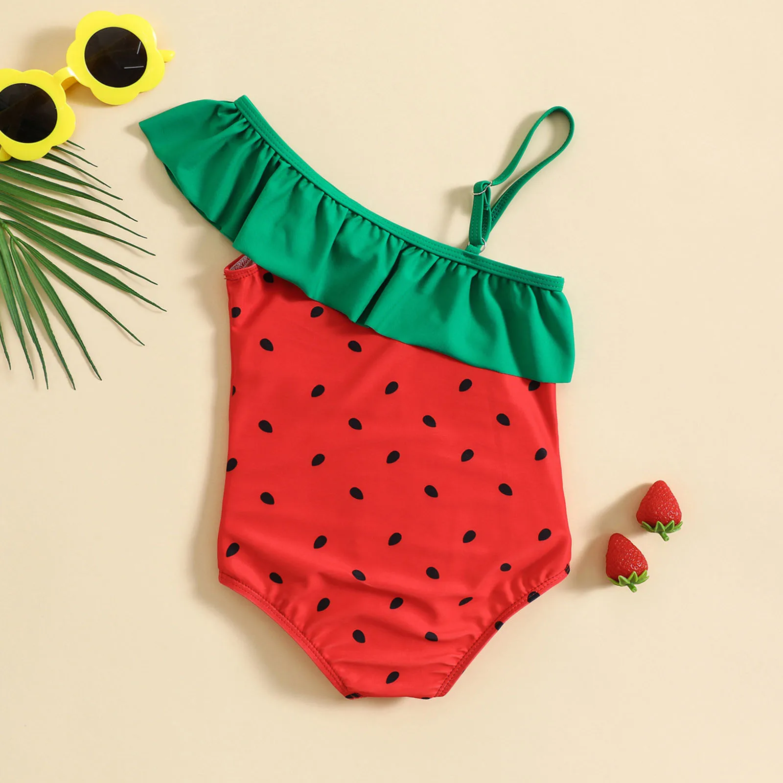 2024 Summer Toddler Girls Ruffles One Piece Swimwear Cartoon Watermelon Prints Beach Onesie Swimsuit Bikini Children Swimwear