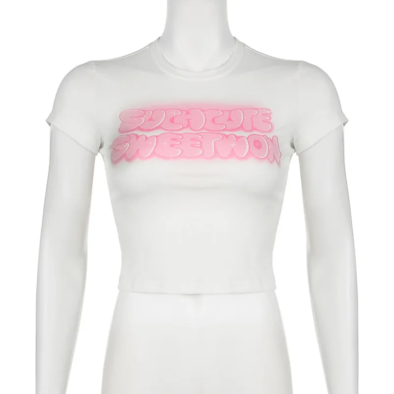 American Street Fashion Pink Letter Printed Round Neck Slimming Base Simple Short Sleeve T-shirt Top New Style