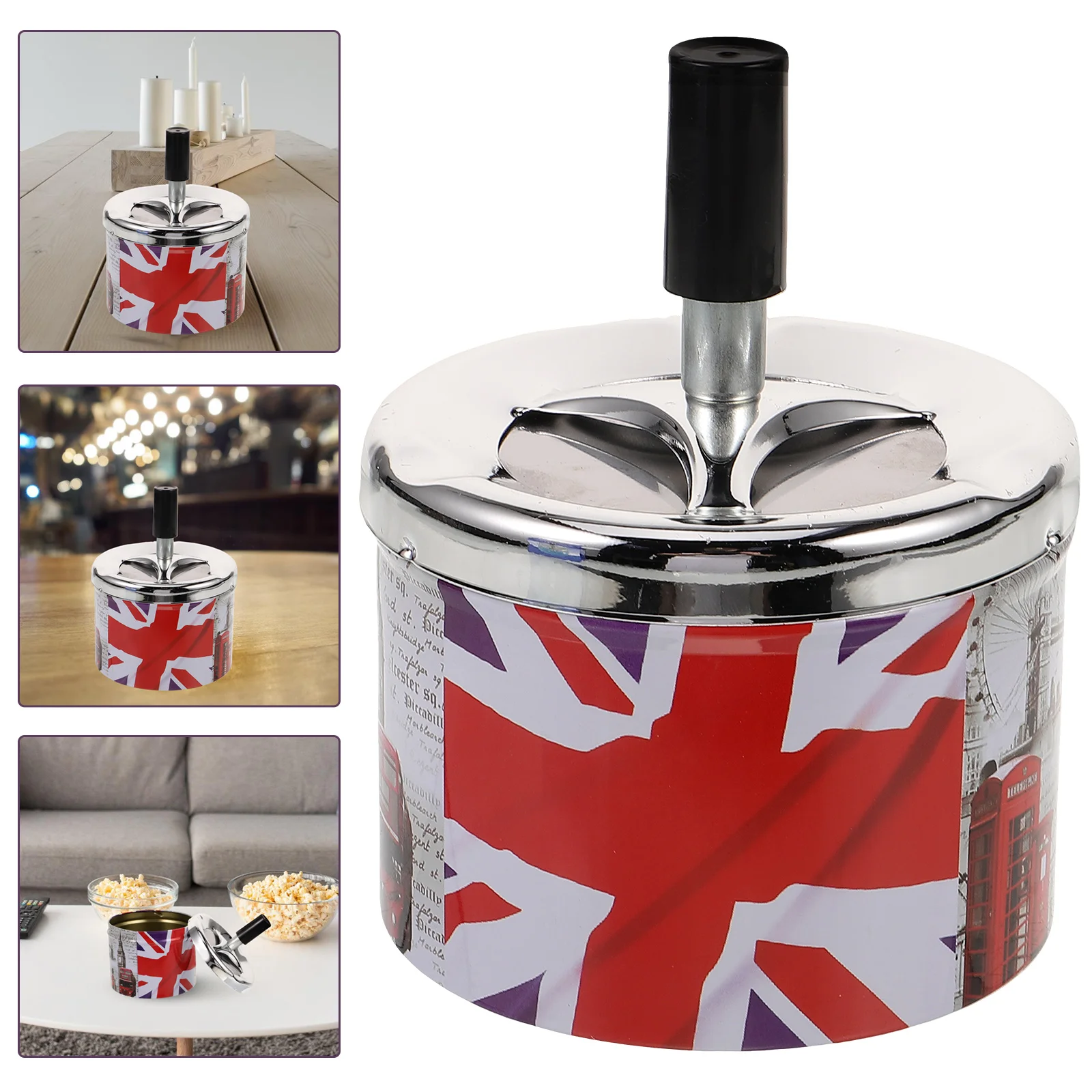 

Souvenir Gifts from Uk Windproof Ashtray Decorate Automatic Extinguishing Stainless Steel Metal Holder for Smoker