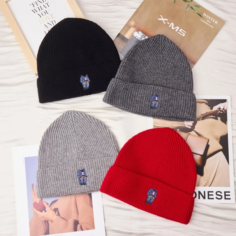 ​​Chic Single Roll Brim Beanie 2025 for Men Women Embroidered Bear Design Warm Acrylic Wool Blend Hat Unisex Gift Free Ship