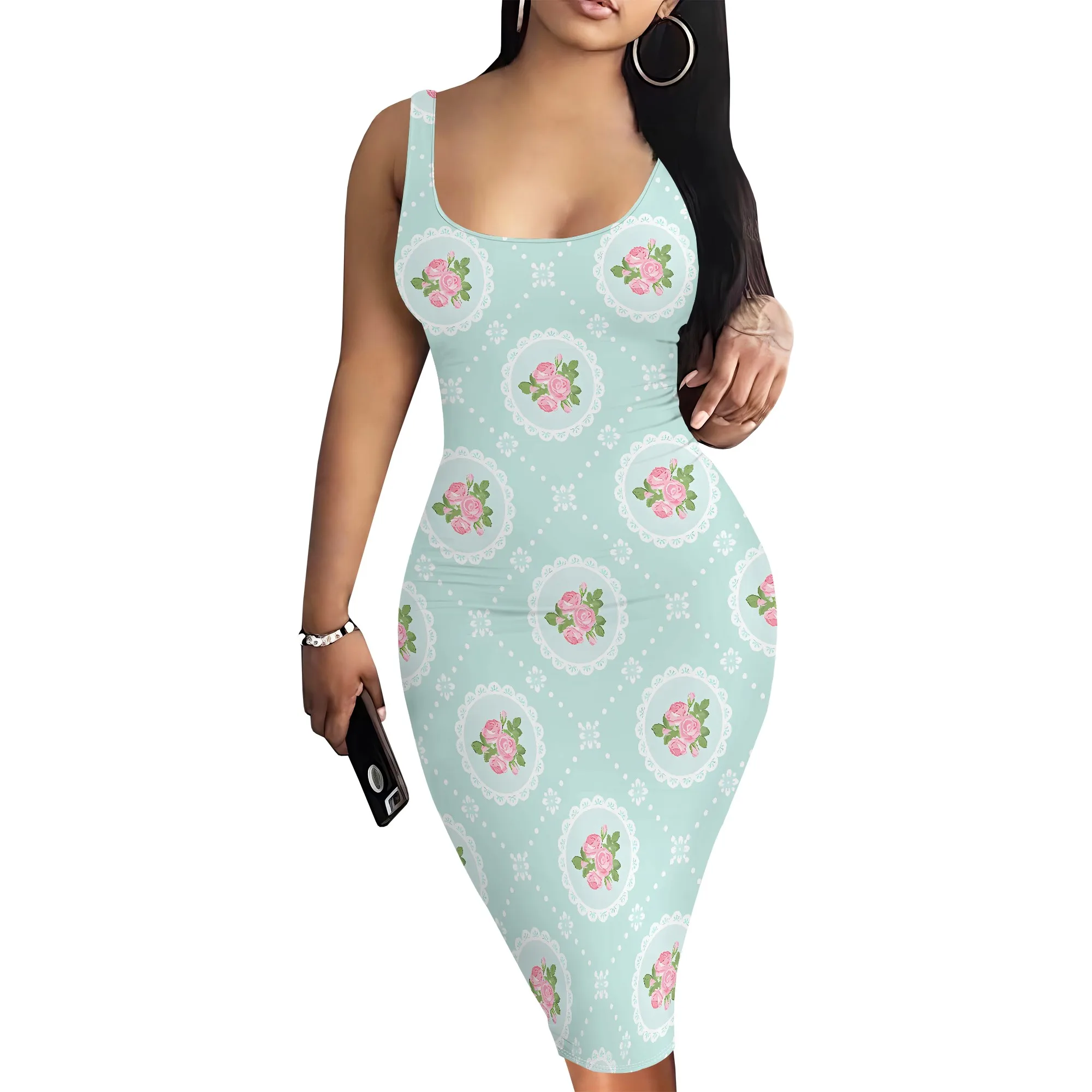 Ärmelloses, figurbetontes Midikleid mit gepunktetem Blumenmuster, elegantes, schmal geschnittenes Sommer-Freizeitkleid für Damen