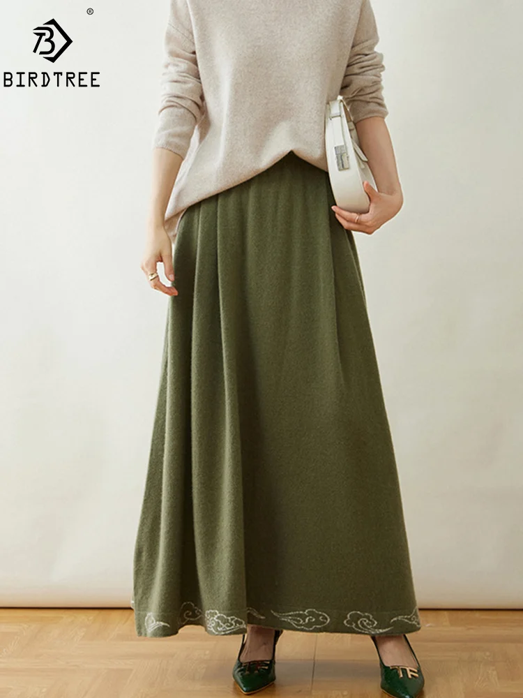 BirdTree, Cashmere Wool Elegant Skirts, Women Elastic Waist Embroidery Hem, Fashion A-Line Long Skirt, Autumn Winter B48513QM