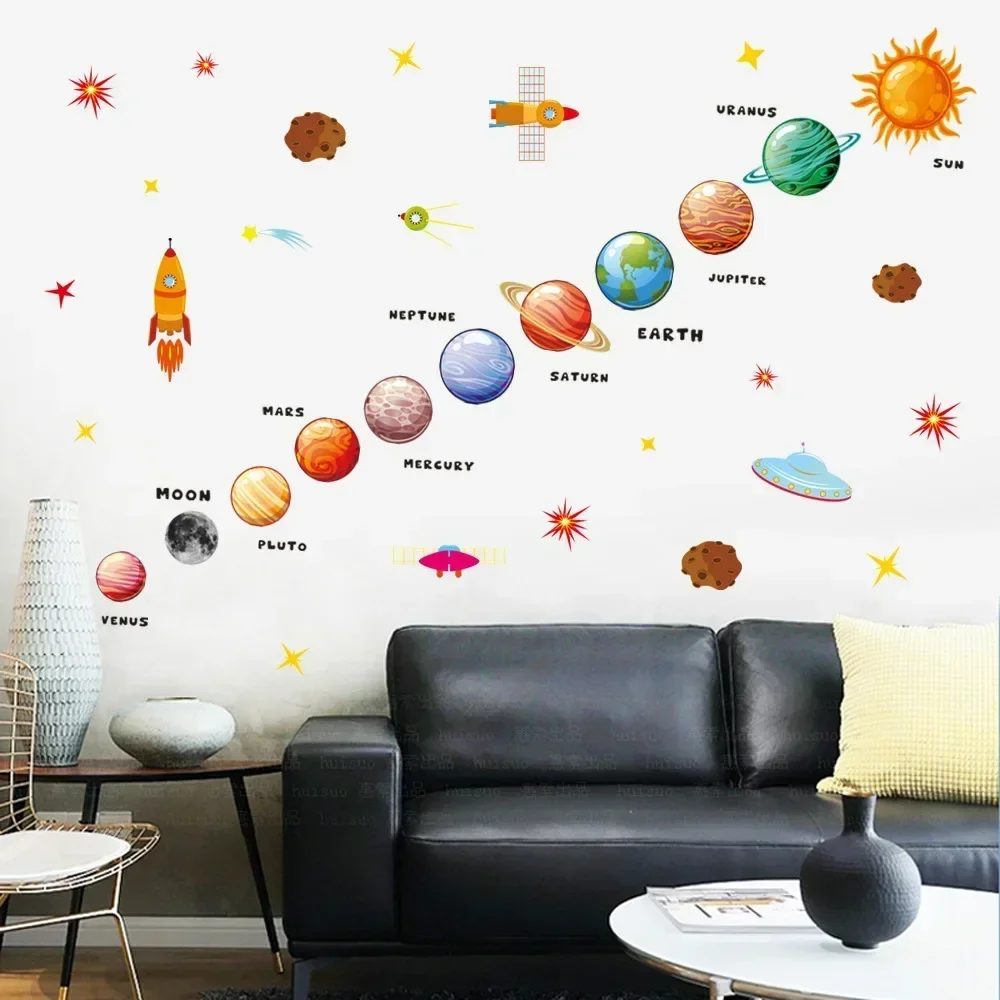 Cartoon Solar System Planets Wall Sticker Child Room Home Decoration Mural Wallpaper Bedroom Nursery Stickers Kids Gifts