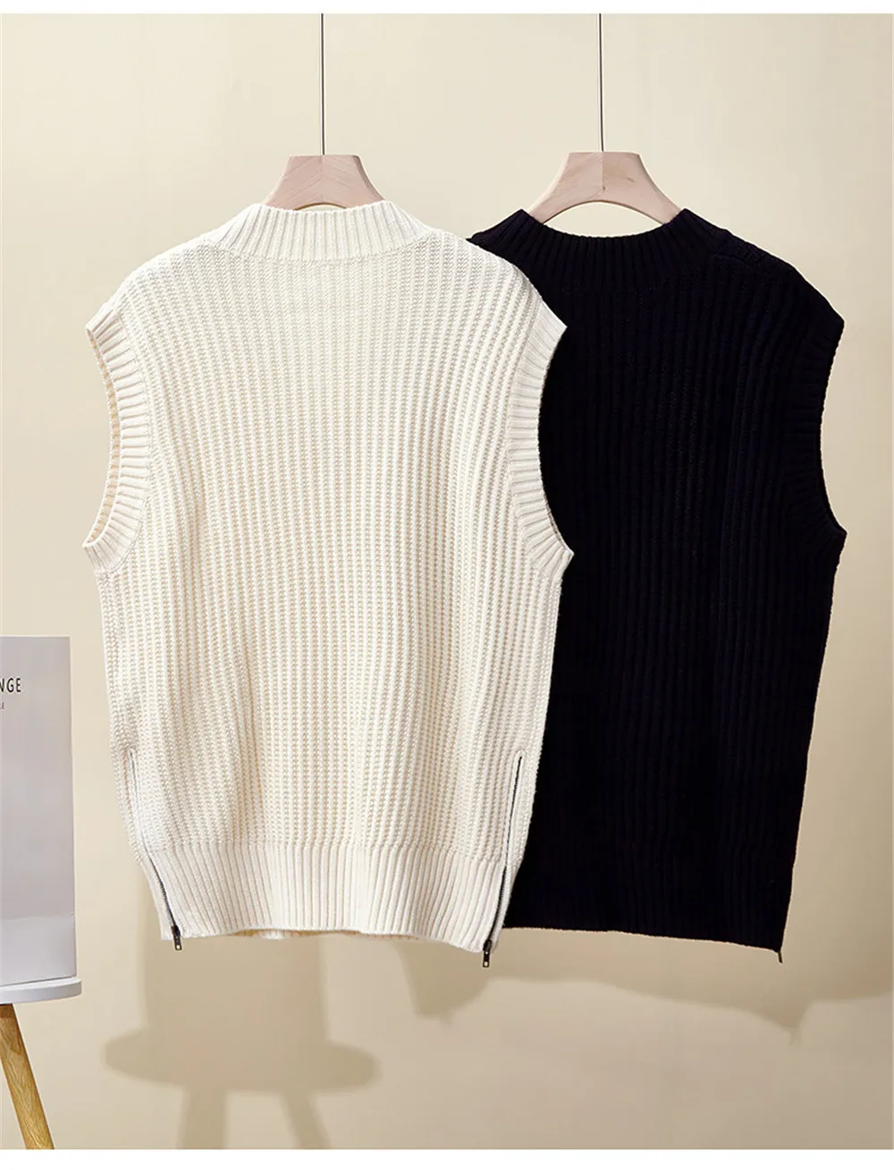 여성 가을, 겨울 새로운 V 넥 사이드 지퍼 울 니트 조끼 탑