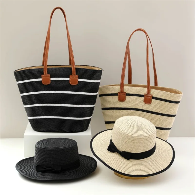 USPOP Straw Sun Hat Bag Two-piece Set for Women Summer Flat Top Straw Hats with  Large Capacity Shoulder Bag