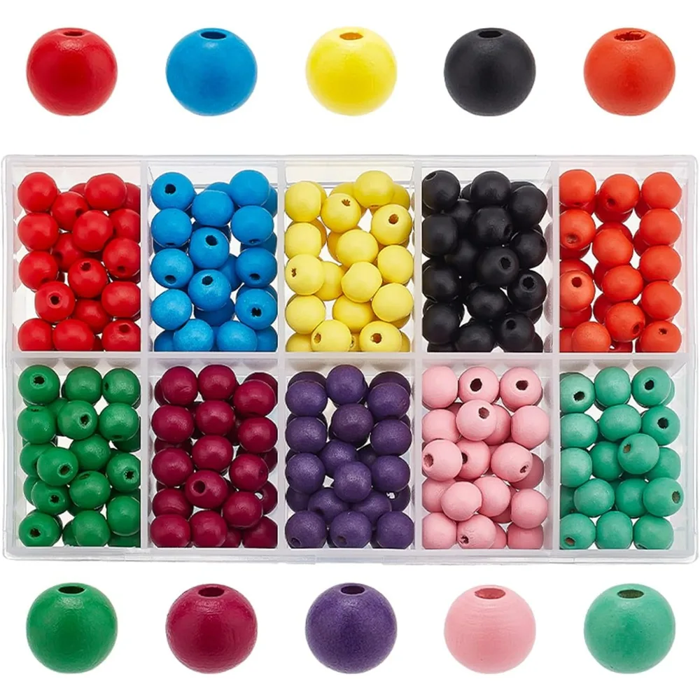 250pcs 10mm Colored Wooden Beads Dyed Wood Beads 10 Colors Large Hole Wooden Loose Beads for Easter DIY Crafting