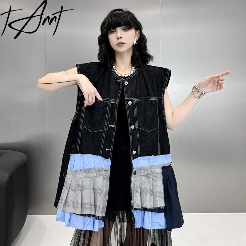 

Tannt Women Vest Asymmetry Color Matching Sleeveless Denim Overcoat Irregular Fashion Casual Patchwork Long Denim Vest Tops 2025