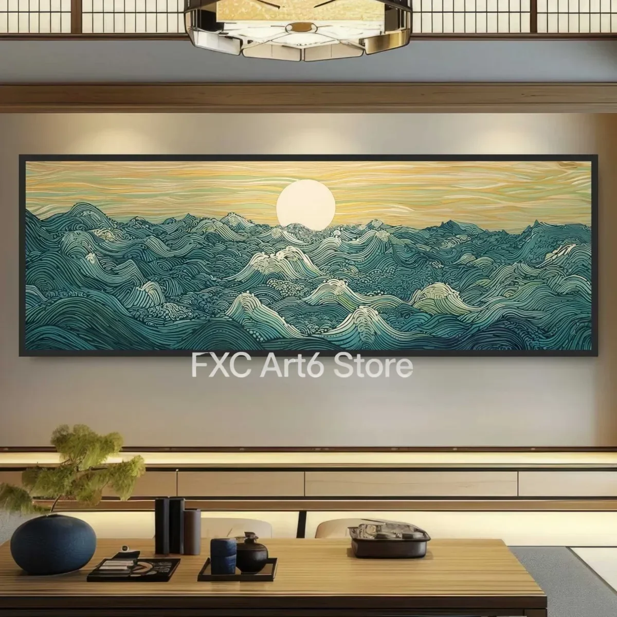 1PC frameless Japanese Ukiyo-e Moon Waves Canvas Print Poster Japandi Vintage Abstract Large Horizontal Art Prints Wall Art Home