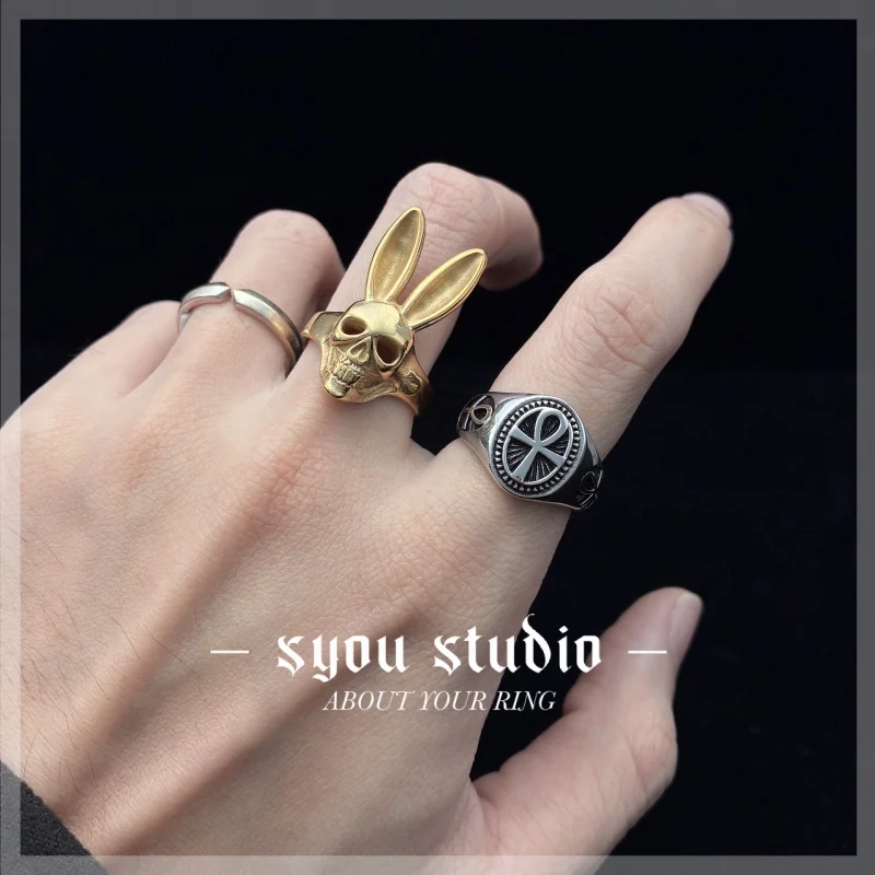 Rabbit  Animal Skull Stainless Steel Ring Men\'s Punk Domineering Style Gold Color Jewelry Party Fashion Unisex Retro Gift For Wo