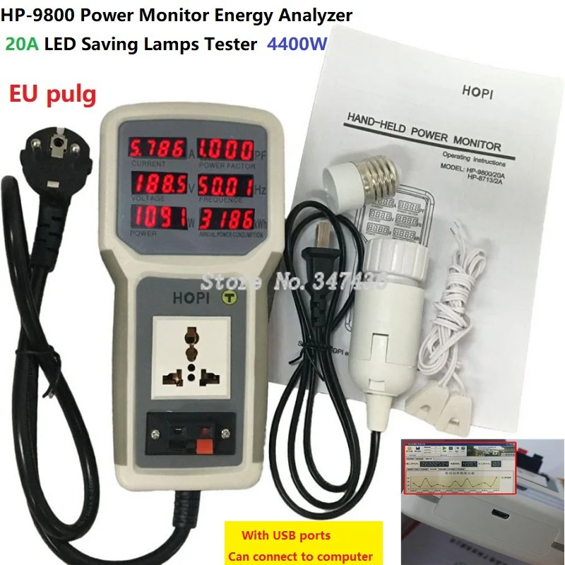 

HOPI Brand HP-9800/HP9800 Handheld Power Monitor Energy Meter Analyzer Measurable Current-voltage Power Factor EU Plug 20A 4400W