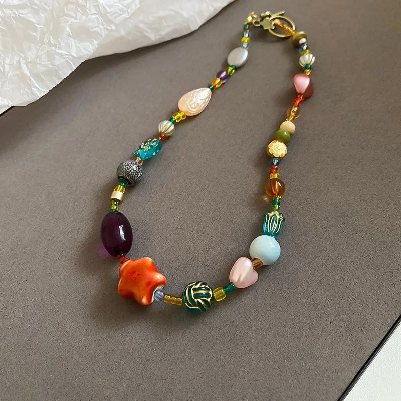 Dopamine Colorful Ceramic Glass Chokers Necklaces for Women Star Heart Ball Geometric Bead Necklace Ethnic Style Clavicle Chain