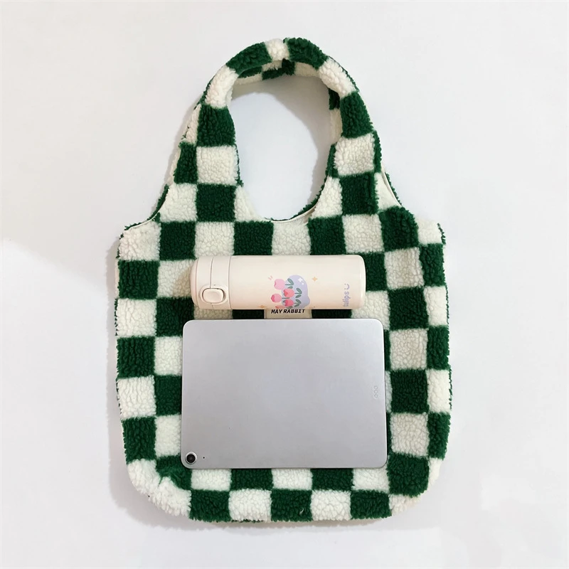 New Fashion Retro Colorful Checkerboard Plush Tote Bag for Women Large Capacity Shoulder Bag Handbag Portable Shopping Bag