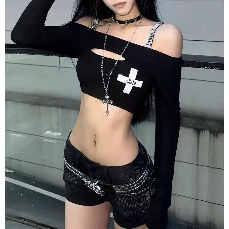 

Black Sexy Hot Girl Harajuku Hollow Out Cross Letter Print Women T-Shirts Y2k One-length shoulder Hip Hop Punk Style Tops
