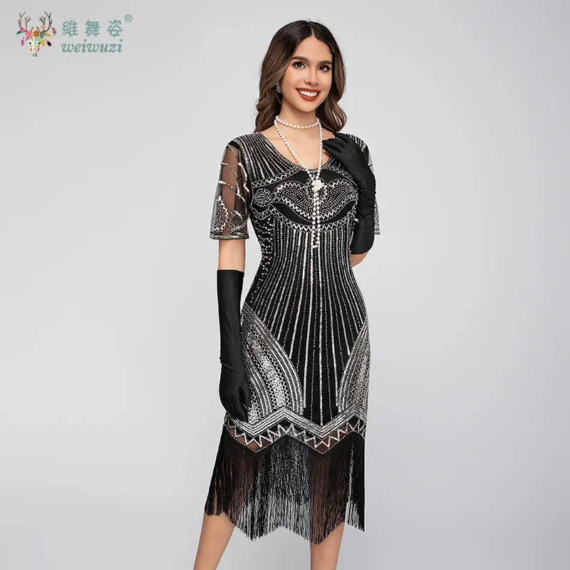 2025年最新スタイル レトロタッセル付きイブニングドレス ハンドメイドグリッタービーズ刺繍入り半袖 ギャツビー風ボールガウン