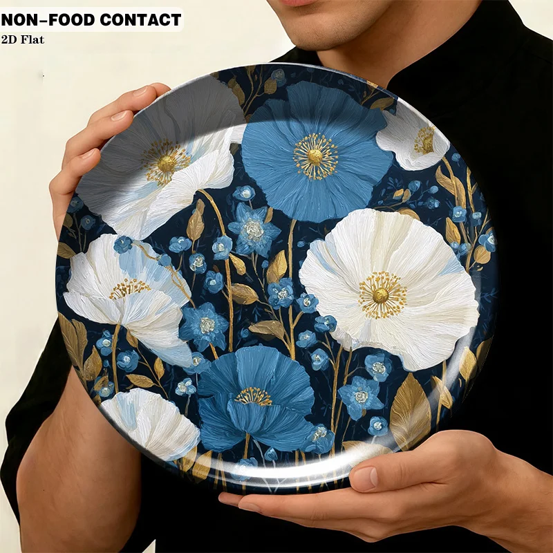 1pc Blue White Ceramic Decorative Plate - Round Suitable for Wall or Tabletop Decor, Non-Food Contact Plate with Bloom Art,