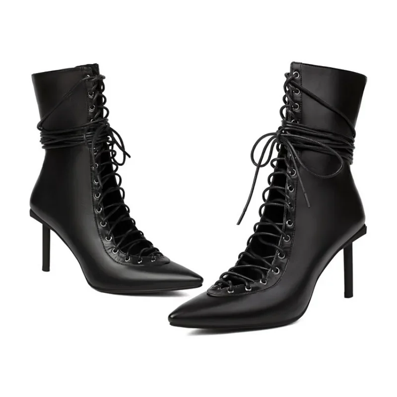 Women's Shoes Design Cross Strap Black and Red Short Boot Autumn Fashion Pointed Spicy Girl Sexy Women's Ankle Boots Size 33-46