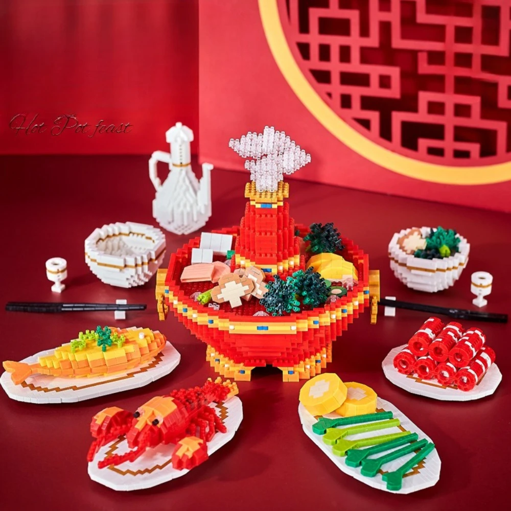 

MOC New Years Gathering Home Cooking Hot Pot Fish Lobster Building Blocks Set Vegetable Food Toys For Children Birthday Kid Gift