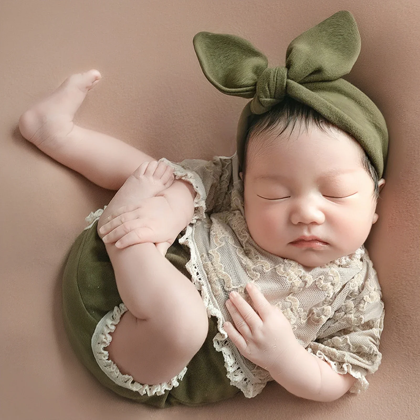 2 Pieces Set Newborn Green Lace Romper Jumpsuit Rabbit Headband Set Baby Boy Girl Photography Clothes Newborn Photography Props