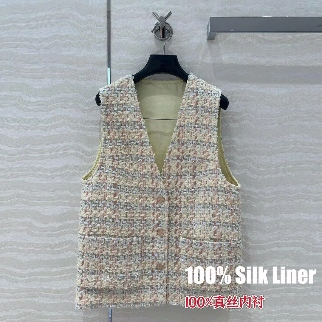 

Top Quality 100% Silk Liner Sweet Plaid Woven Tweed Vest Jacket Women V-neck Sleeveless Pockets Buttons Vintage Tank Coat