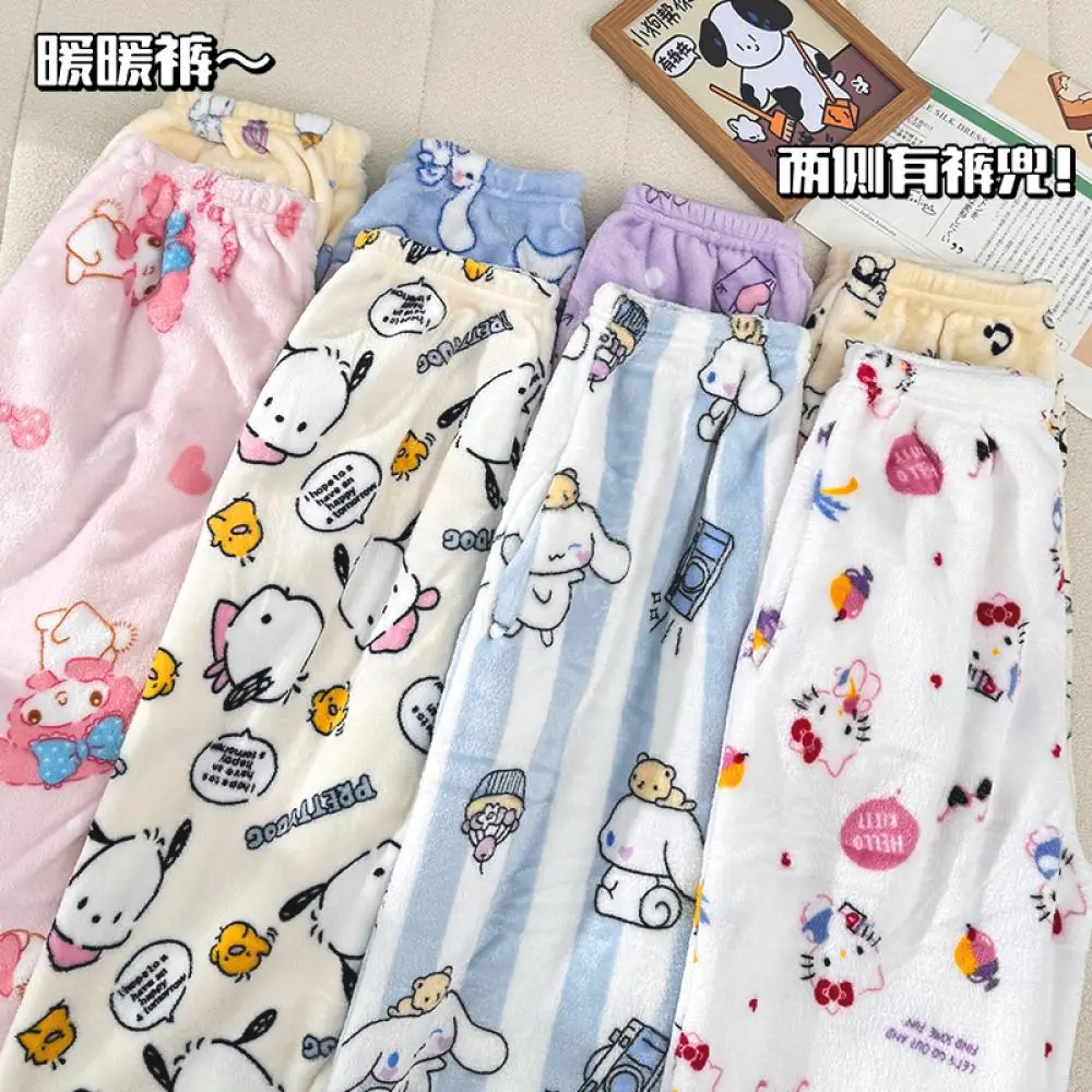 

Женские плюшевые пижамные штаны Kuromi в стиле аниме Kawaii Hello Kitty Melody Kt, женские брюки из хлопка, зимние теплые утепленные домашние штаны