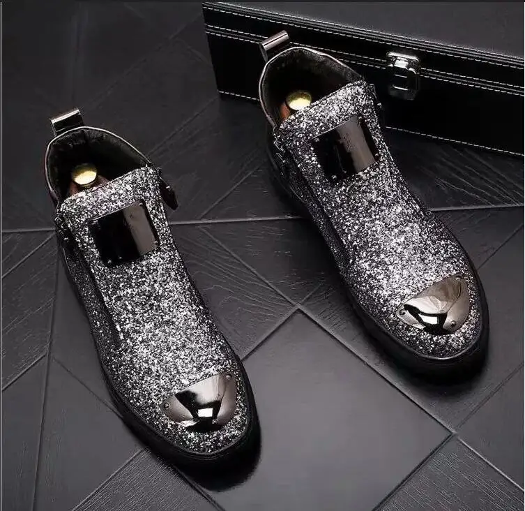 New style men\'s ankle boots punk rock high top trend shoes boots hairdresser sequins shoes men