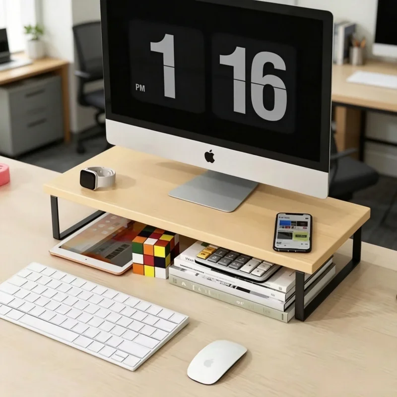 Suporte Criativo para Monitor com Prateleira de Armazenamento - Base Elevada para Organização de Mesa em Casa e Escritório