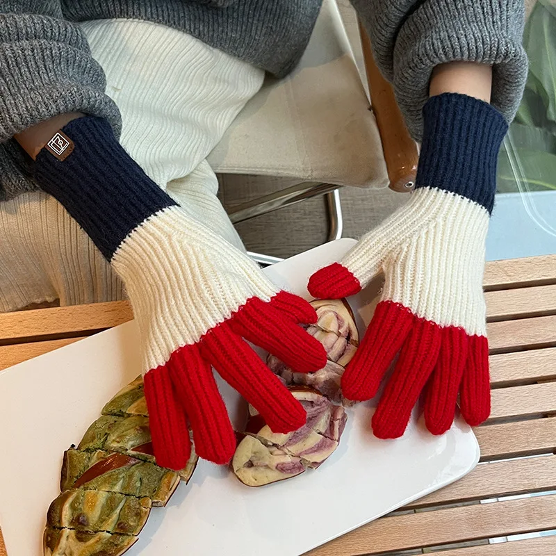 South Korea Contrast ColorinsCute Knitting Knitting Wool Gloves Women's Winter Warm Fashionable Screen Exposed Two-Finger