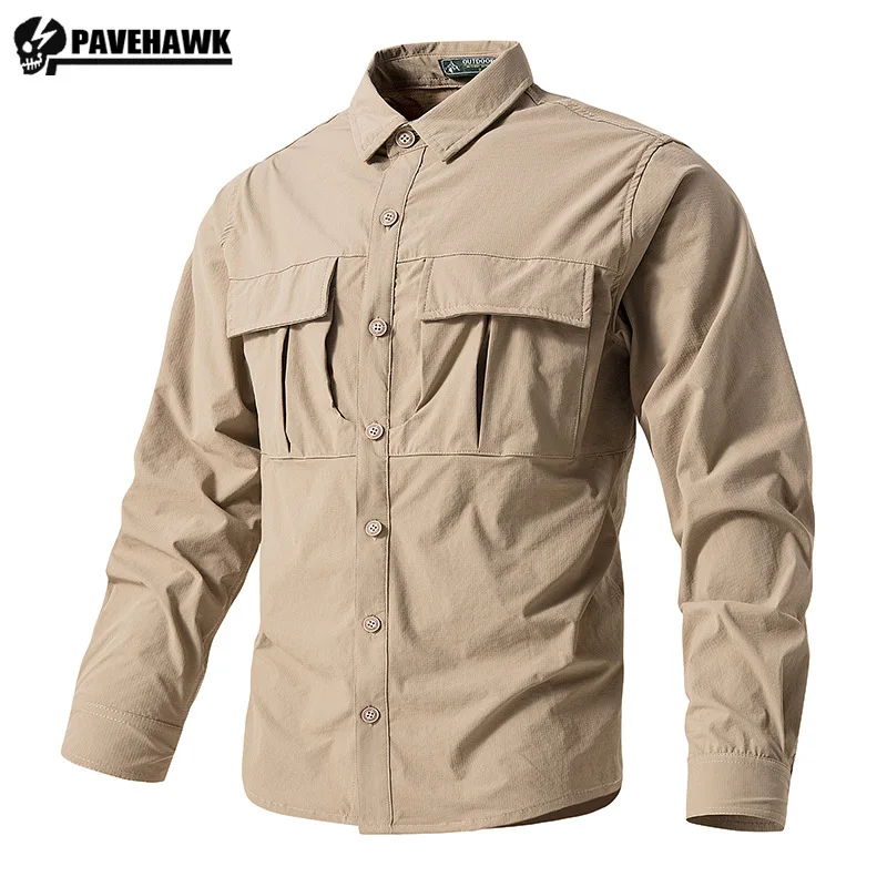 

High Stretch Tooling Shirt Mens Outdoor Casual Waterproof Long Sleeved Tops Tactics Quick Drying Pockets Cargo Shirt Man Thin