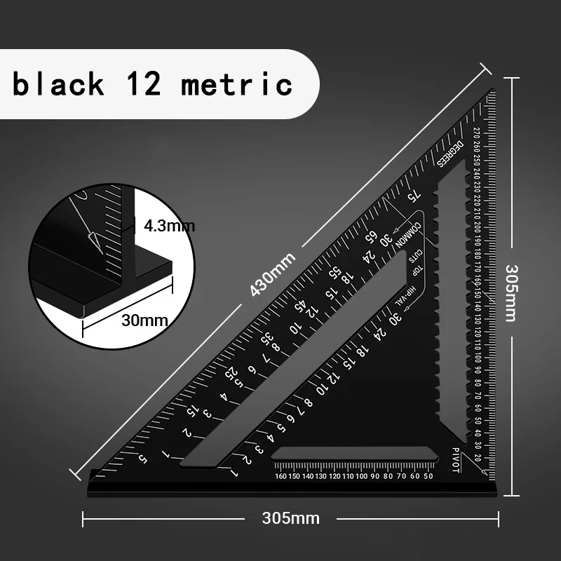 7/12 Zoll Aluminium-Dreieckslineal, Tischler-Messlayout-Werkzeug, quadratischer und metrischer/impernischer Winkelmesser für die Holzbearbeitung – Detail 8