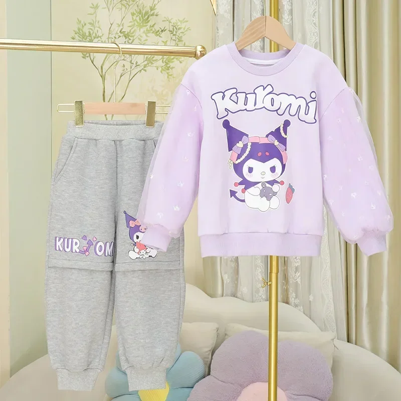 MINISO Kuromi-Sweat à capuche et pantalon à manches longues, anime Kawaii, sourire, dessin animé mignon, t-shirt épaissi, jouets cadeaux, automne, hiver, 2 pièces