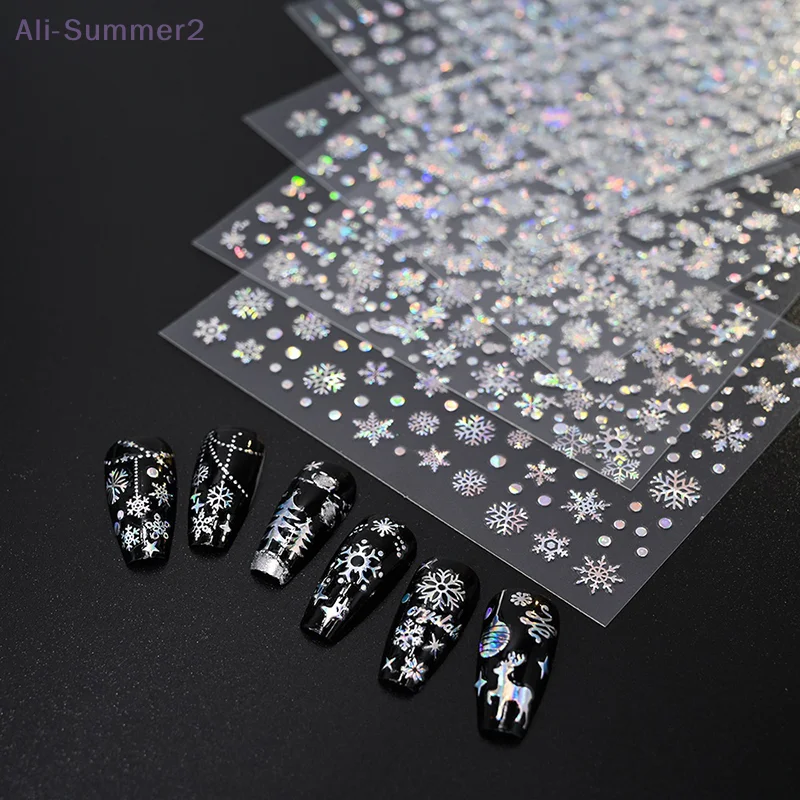 1 ورقة عيد الميلاد 5D الإغاثة الذهب الفضة مسمار ملصقات فنية الليزر ندفة الثلج ثلج شجرة عيد الميلاد مسمار ملصقات السنة الجديدة مانيكير ديكور
