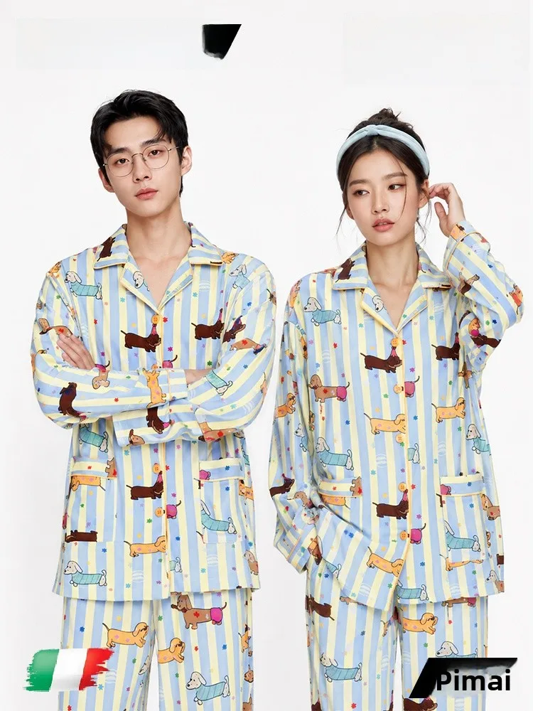 PinkBread Striped Sausage Dog Couple Pyjamas Long Sleeve Cotton Velvet Soft Comfortable Autumn Winter Cute Home Clothes