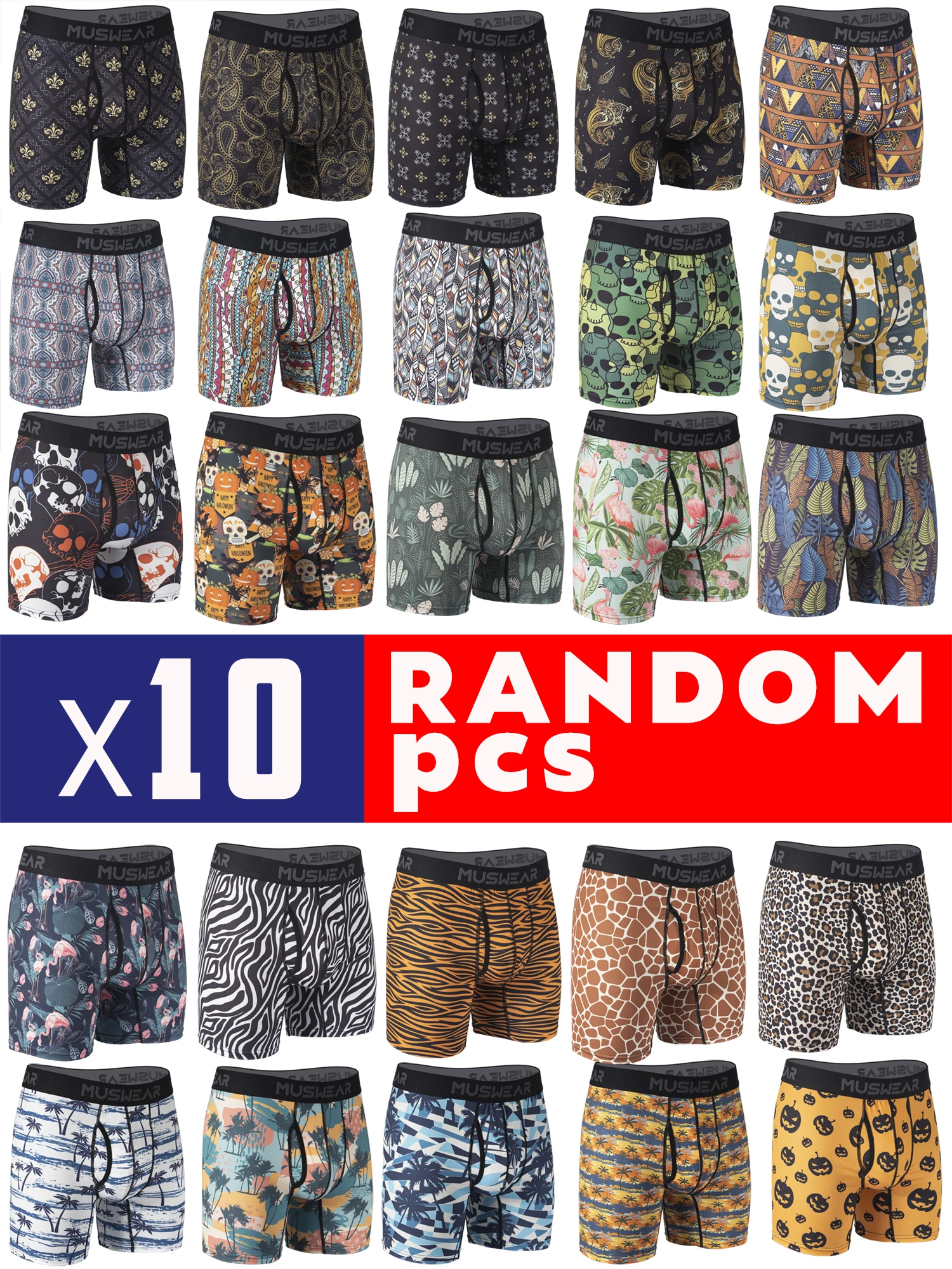 

MUSWEAR 10pcs Men's Boxer Briefs Double-Sided Brushed High Elasticity Quick-Drying Side Opening All-over Print Wide Waistband
