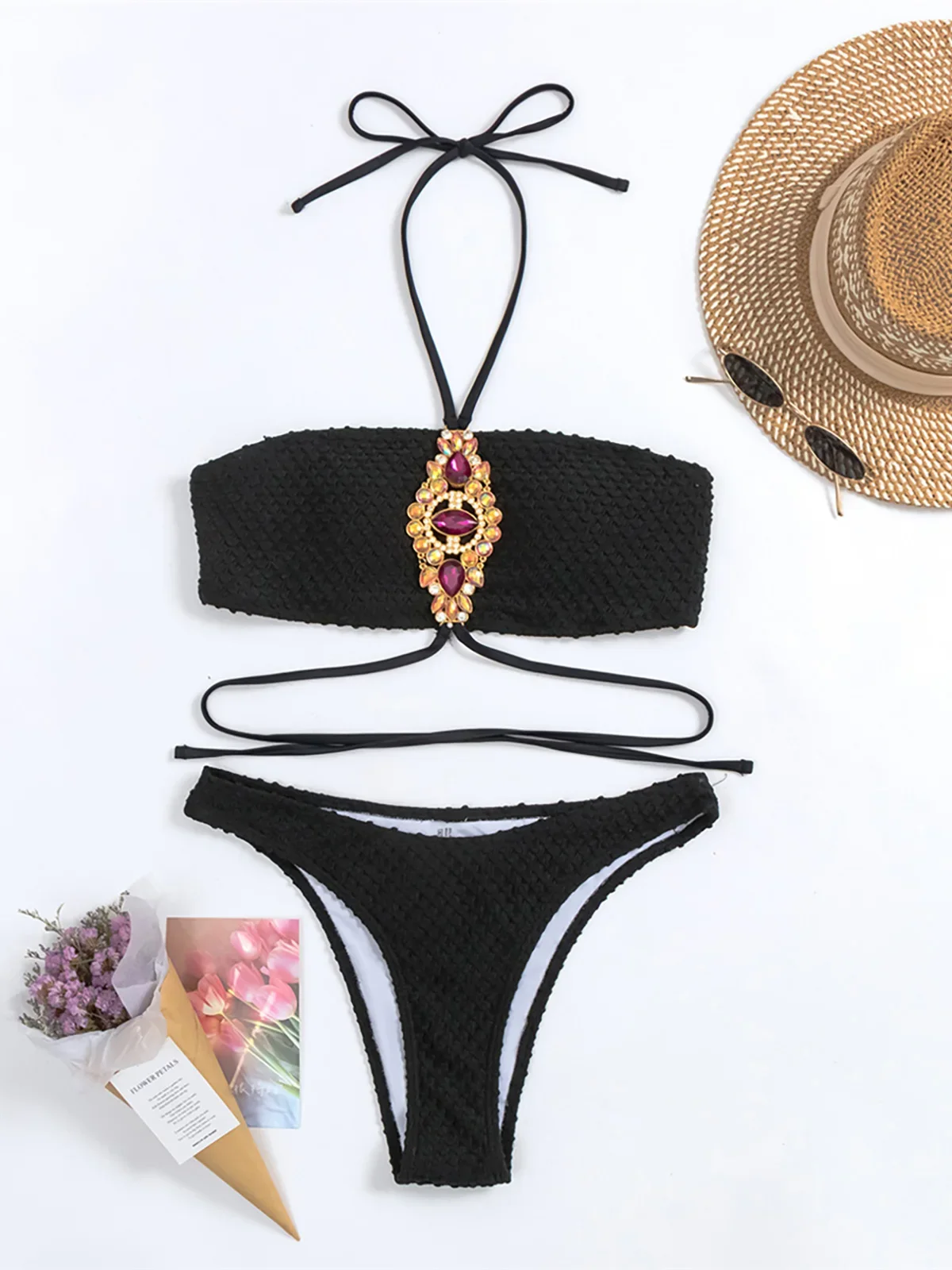 

Sexy Diamond Jewelled Wrinkled Halter Bikini Women Swimwear Female Swimsuit Two-pieces Bikini set Bather Bathing Suit Swim K4581