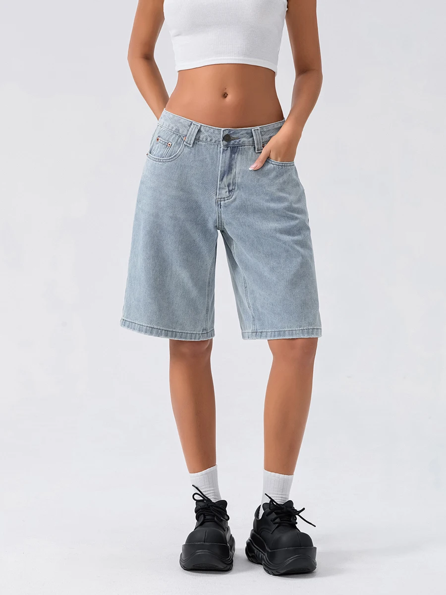 Women s Knee Length Denim Shorts Loose Solid Color Low Rise Wide Leg Long Shorts with Pockets for Summer