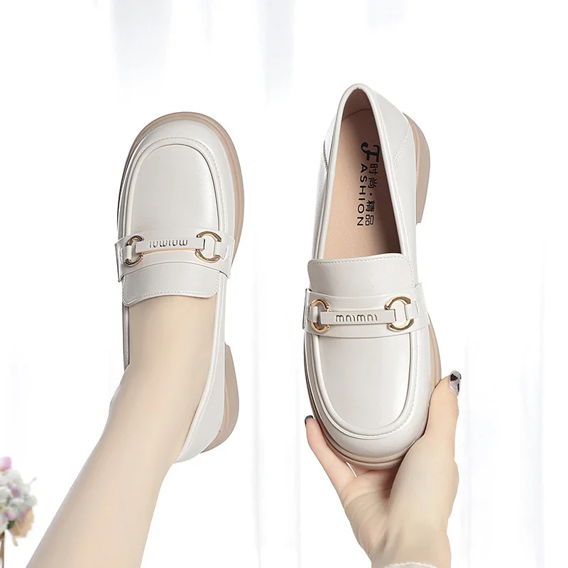 

British Style Women Shallow Mouth Spring Autumn Casual Sneakers Solid Colors Loafers Flats Round Toe Soft Leather Shoes