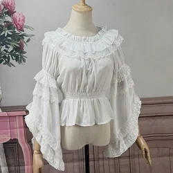 Vintage Kawaii Lolita Shirts Women Lace Ruffles O-Neck Flare Sleeve Chiffon Sweet Top Elegant Princess Blouse Tops Mujer