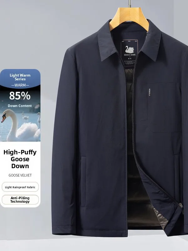 

High Quali Men's down Jaet Goose down Collar Busin Versatile Warm Outerwear Waterproof Nylon Fabric Long Sve Zipper