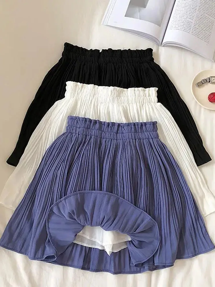 

Zoki Chiffon Beach Women Pleated Skirt Korean Sweet A Line Mini Skirt Summer High Waist Simple Female High Quality Fashion Skirt