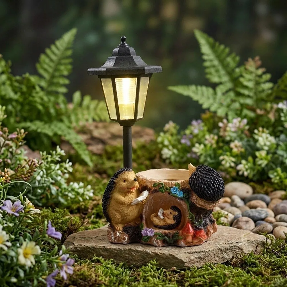Hedgehog Family Solar Garden Ornament with Lantern and Flower Pot for Lawn Patio Yard Resin Outdoor Light 33cm Total Height view 6