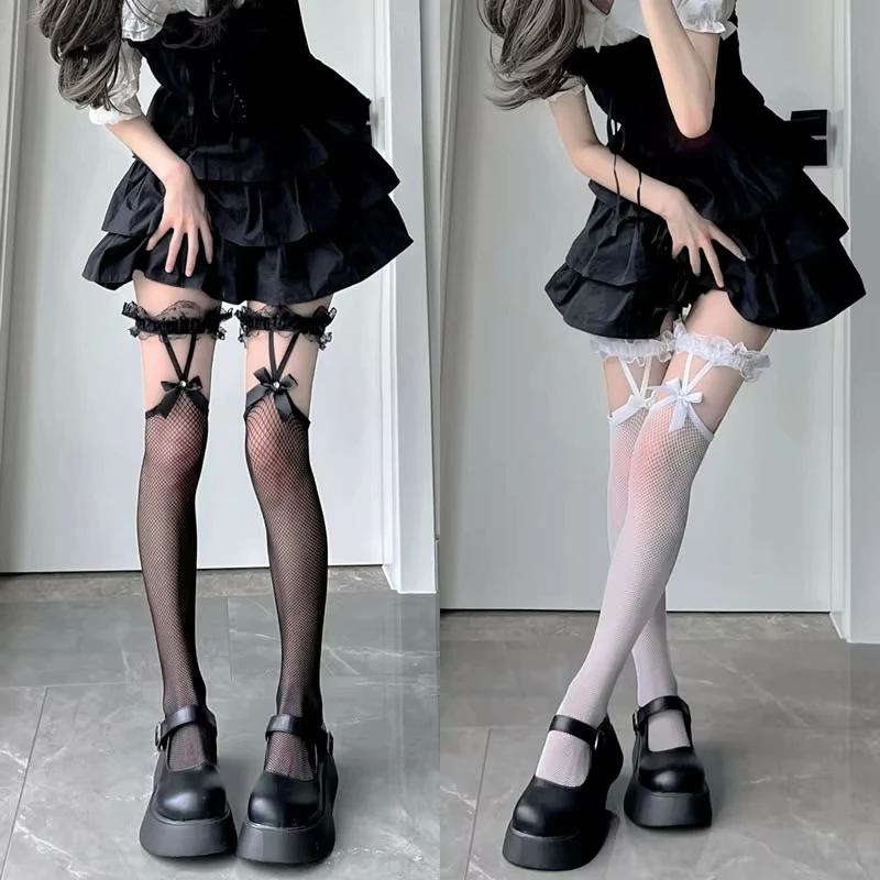 Sexy Netzstrümpfe, oberschenkelhohe Strümpfe, JK-Lolita-Mädchen, lange Socken, Strümpfe im japanischen Stil, Spitze, Schleife, Hosenträger, kniehohe Socken